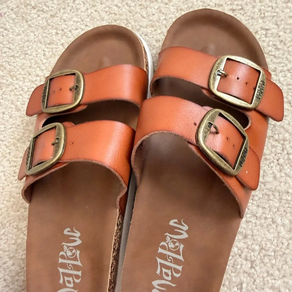 Mad Love Cognac Brown Double Strap Buckle Footbed Slide Sandals Womens 9